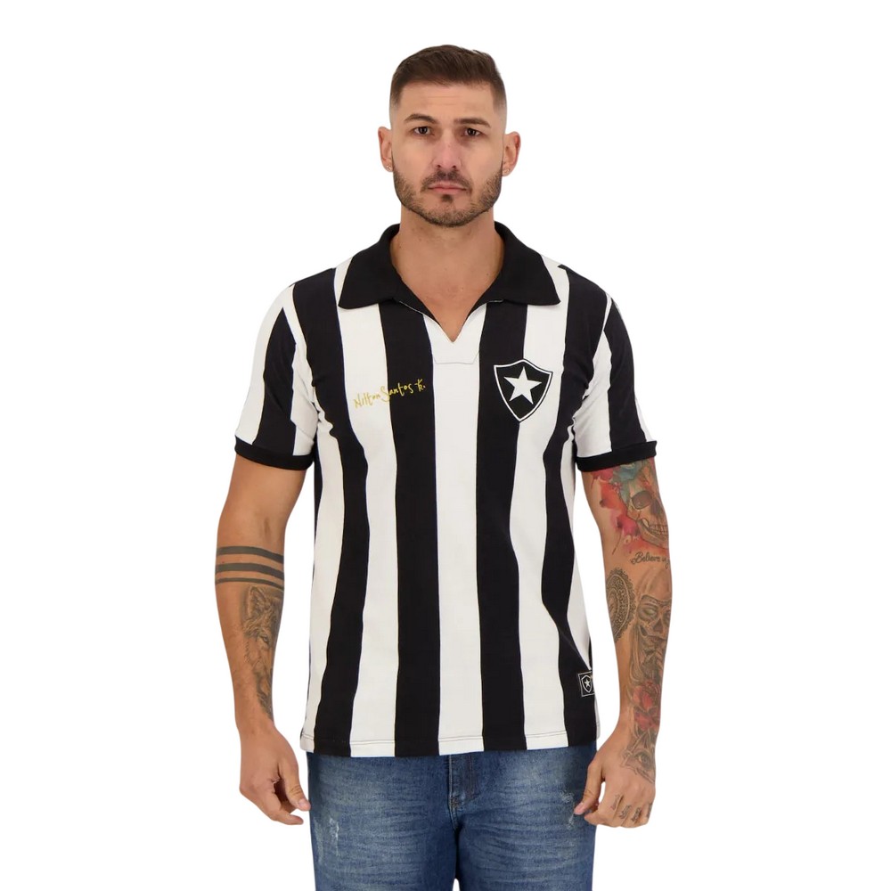 CAMISA RETRÔMANIA BOTAFOGO 1962 NILTON SANTOS PRETA COM BRANCO MASCULINA