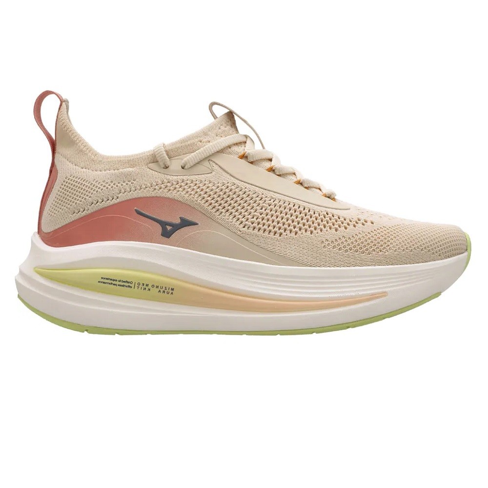 TÊNIS MIZUNO NEO AURA KNIT BEGE COM ROSA FEMININO